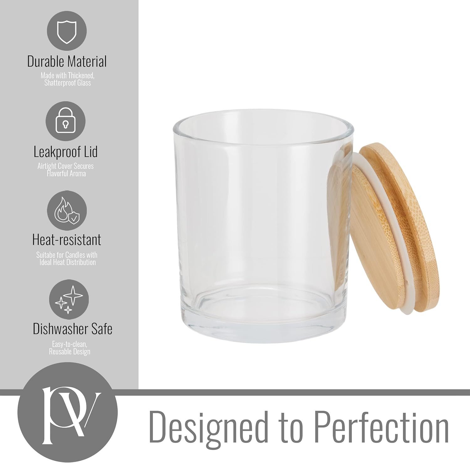 pavelle 10 oz. Clear Glass Candle Jars with Bamboo Lids for Candle Making and Storage, Airtight Sealing Mason Jars for Preservation of Spice, Powder, and More, 12 Pcs.