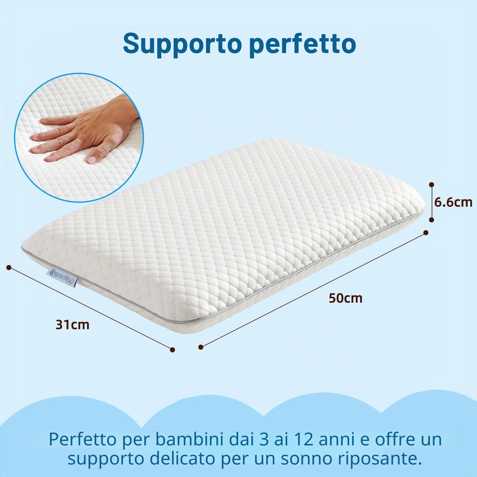 Cuscino ergonomico in memory foam per bambini 3-10 anni con rivestimento in cotone traspirante