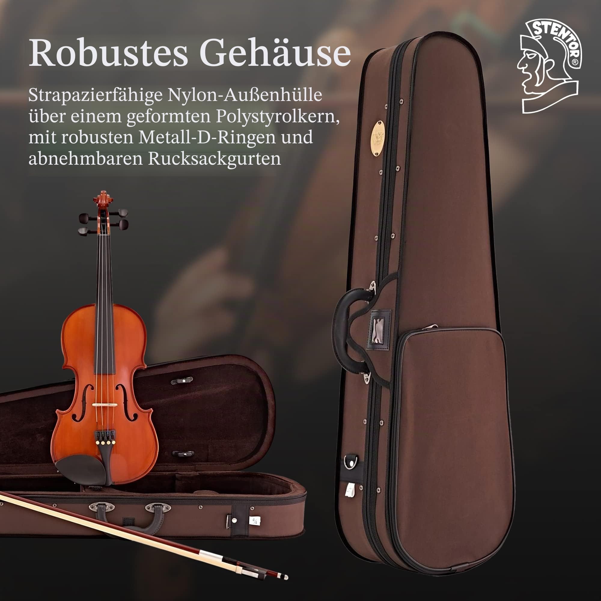 Stentor Student Standard Violinen-Set 4/4 volle Größe, Violine für Anfänger & Kinder 12+ mit Holzbogen & Tragetasche, Einsteiger-Saiteninstrumente, 1018A, Braun