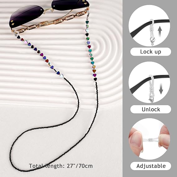 BILIONE Beaded Eyeglass Chain with Heart-shaped Shungite, Eye Glasses Holders Around Neck, Glasses Strap for Women