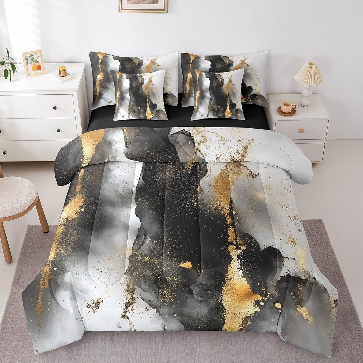 Black And Gold 7 Piece Bedding Set Watercolor Marble Comforter Set With Sheets Twin,Metallic Modern Stone Pattern Bed In A Bag,Aesthetic Artwork Flat And Fitted Sheet for Women Men Room Decor