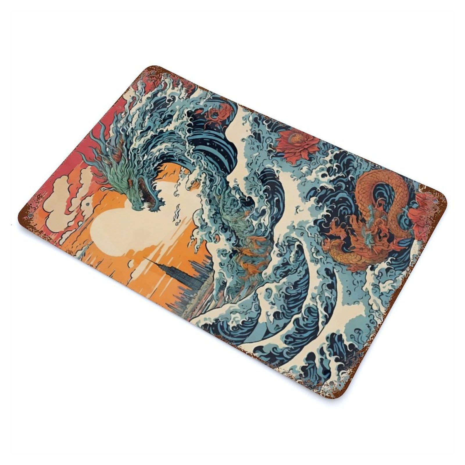 Dragon Wave Japan Aged Metal Wall Plaque 11.8"x7.9", Industrial Home Decor for Pub, Kitchen And Man Cave Decor