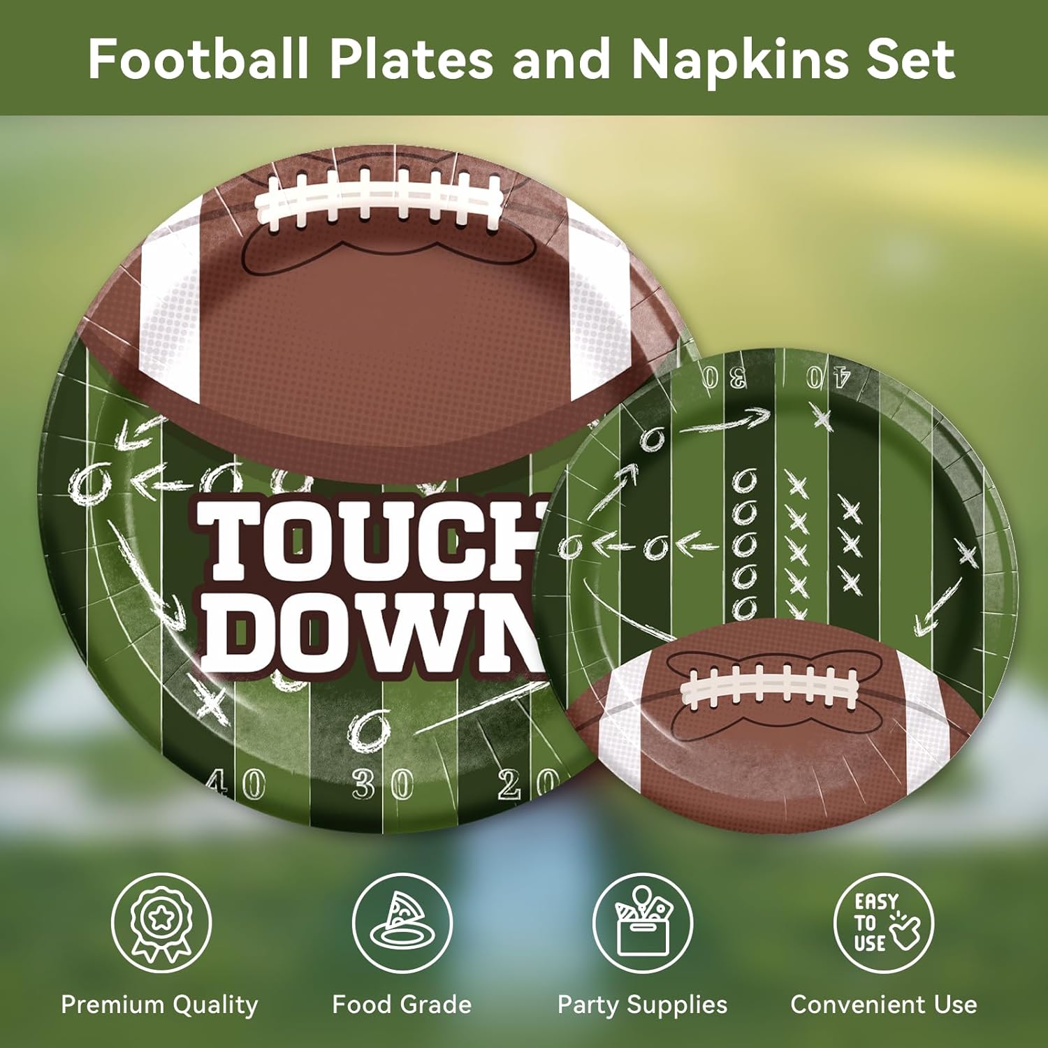 Football Paper Plates and Napkins and Cups Set 101 Count, Heavy Duty 10'' and 7'' Disposable Plates, Paper Cups and Tablecloth, Super Bowl Party Table Decorations Supplies, Serve 25 - Image 4