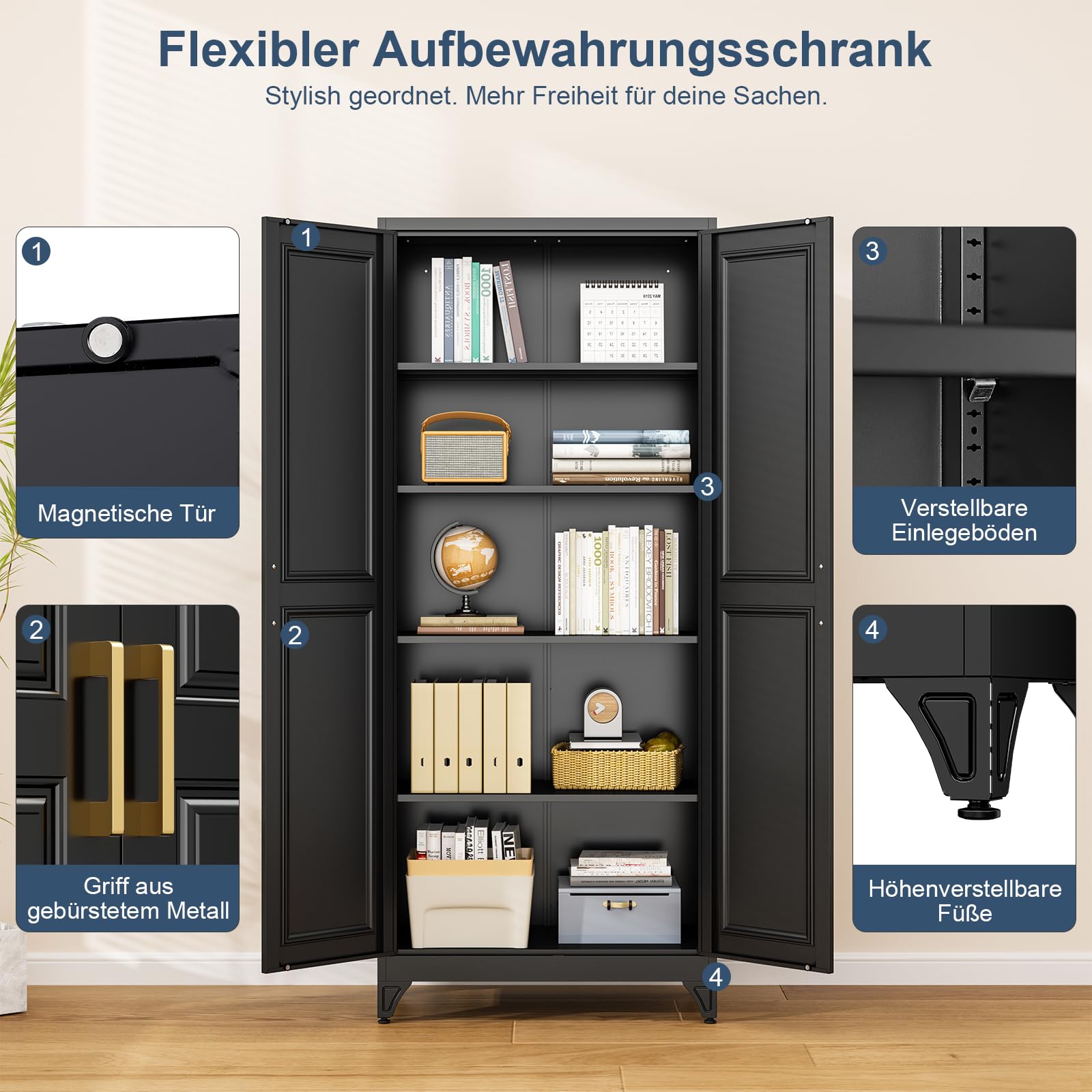 Metallschrank,190 x 80 x 40 cm Aktenschrank mit 4 verstellbaren Einlegeböden Stahlschrank Aufbewahrungsschrank mit 2 Türen Mehrzweckschrank für Schule Haus Büro Garage Schwarz