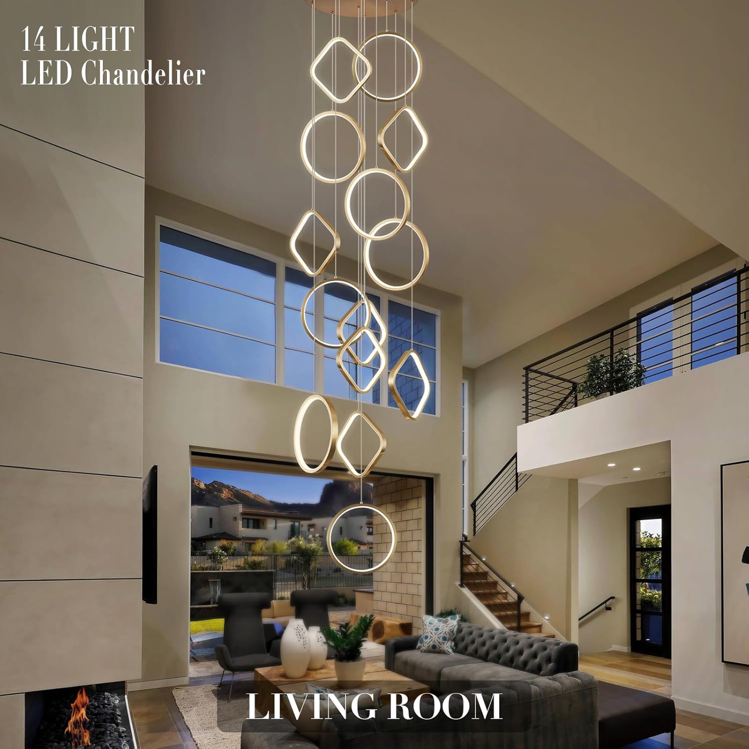 Gold Long Chandeliers Lighting for High Ceiling Modern 14-Light LED Chandeliers for Foyers Entryways Staircases Living Rooms Dimmable with Remote Control Large Long Chandelier 3000-6500k