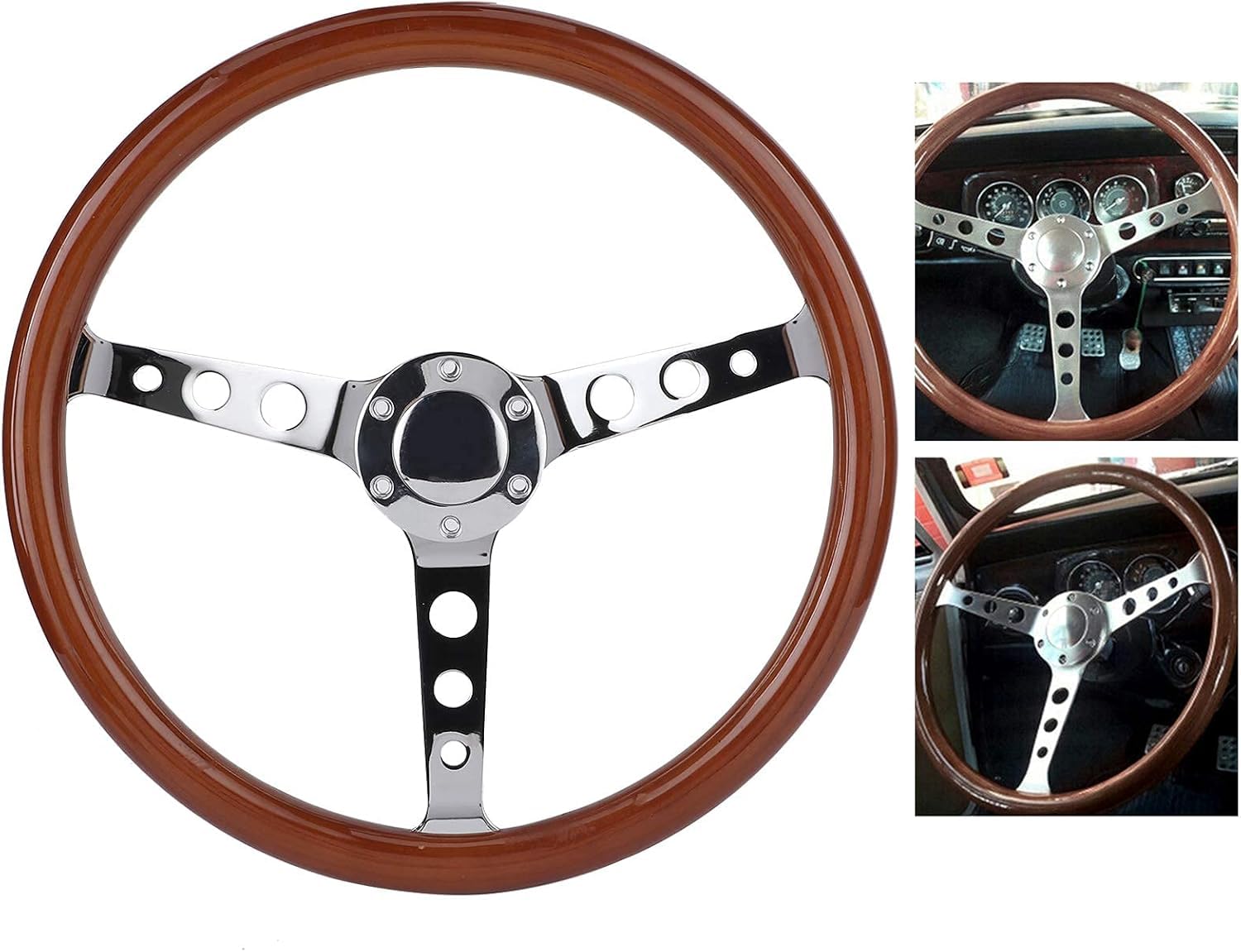 Volant bois Aramox, volant de 15 pouces à 6 trous, poignée en bois d'acajou rétro, rayon en acier inoxydable avec câble de couverture de klaxon