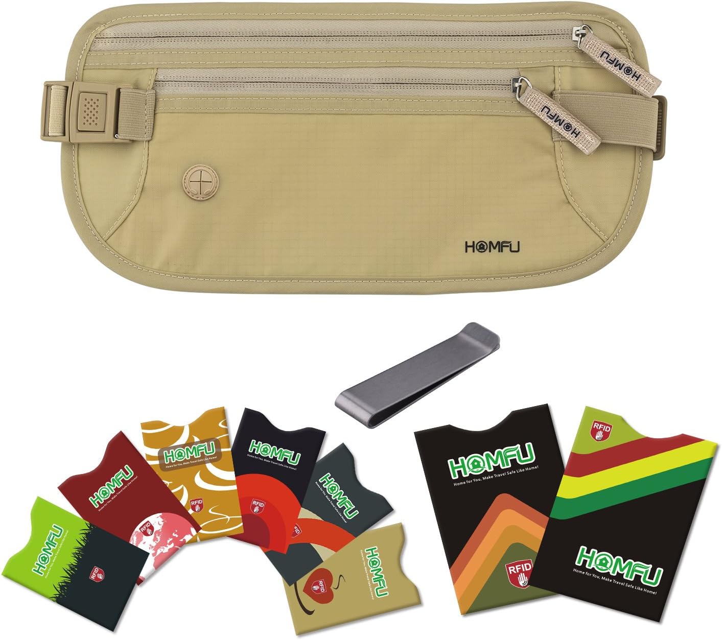 Homfu RFID Money Belt for Travel Wallet with 6 x Credit Card Protector and 2 x Passport Pouch Holder Waterpoof Secure RFID-Blocker Waist Pack stash for Women Men Running (Beige)