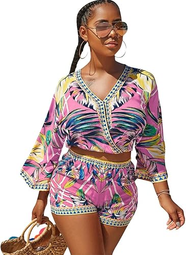 Atuendo de 2 piezas para mujer, conjunto de ombliguera y pantalones cortos para el verano, enterizo de estilo bohemio y con estampado floral