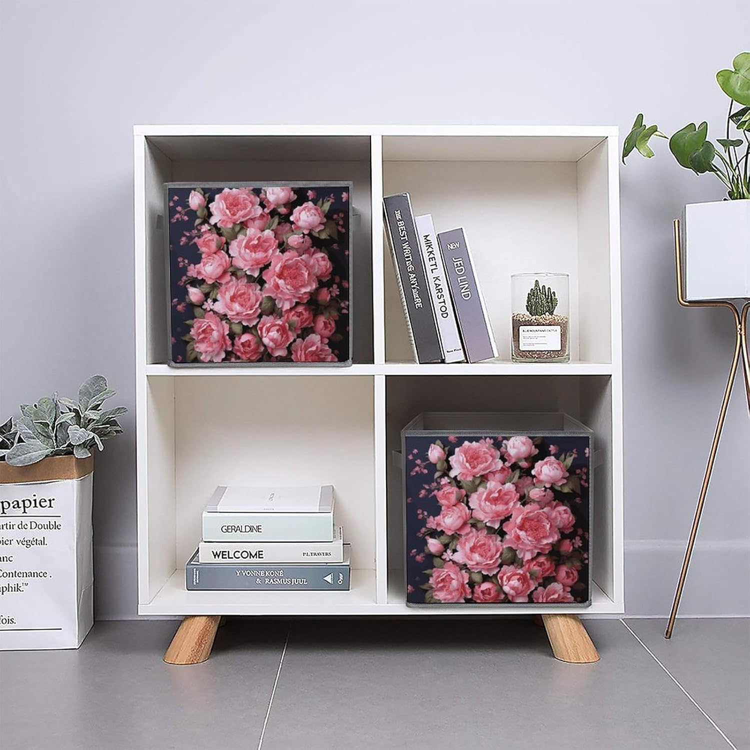 Peony Flowers Storage Cubes Set of 6 Storage Bins with Handles Collapsible Storage Basket Fabric Storage Box for Shelves Large Closet Shelf Organizer for Organization 11 Inch