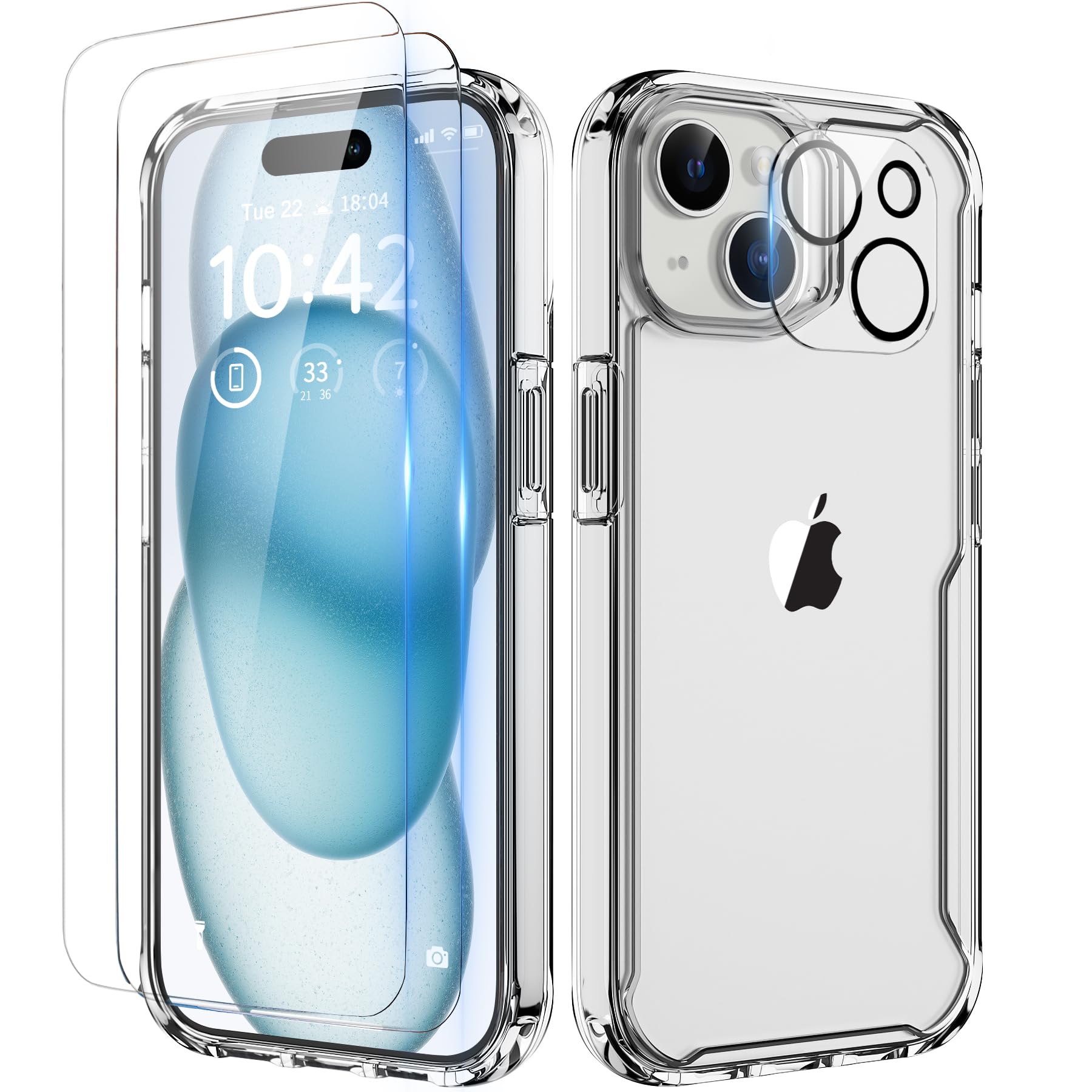ORETECH Cover per iPhone 15, Custodia iPhone 15(6.1 Pollici), 2 Pezzi Pellicola Protettiva in Vetro Temperato & 1 Pellicola Fotocamera Antiurto Ultra Sottile Hard PC Silicone Cover - Trasparente