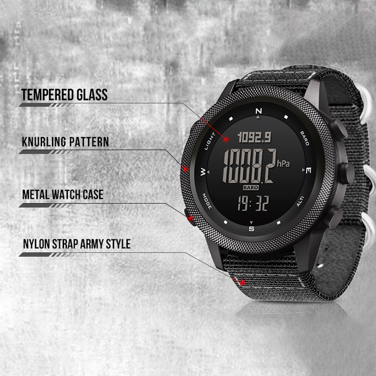 Orologio da uomo multifunzione digitale per esterni, con altimetro, barometro, bussola, impermeabile fino a 50 m