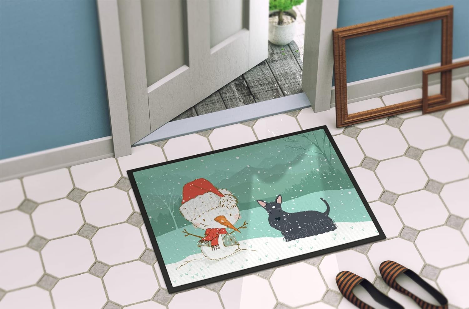 Caroline's Treasures CK2068MAT Scottish Terrier Snowman Christmas Doormat 18x27 Front Door Mat Indoor Outdoor Rugs for Entryway, Non Slip Washable Low Pile, 18H X 27W