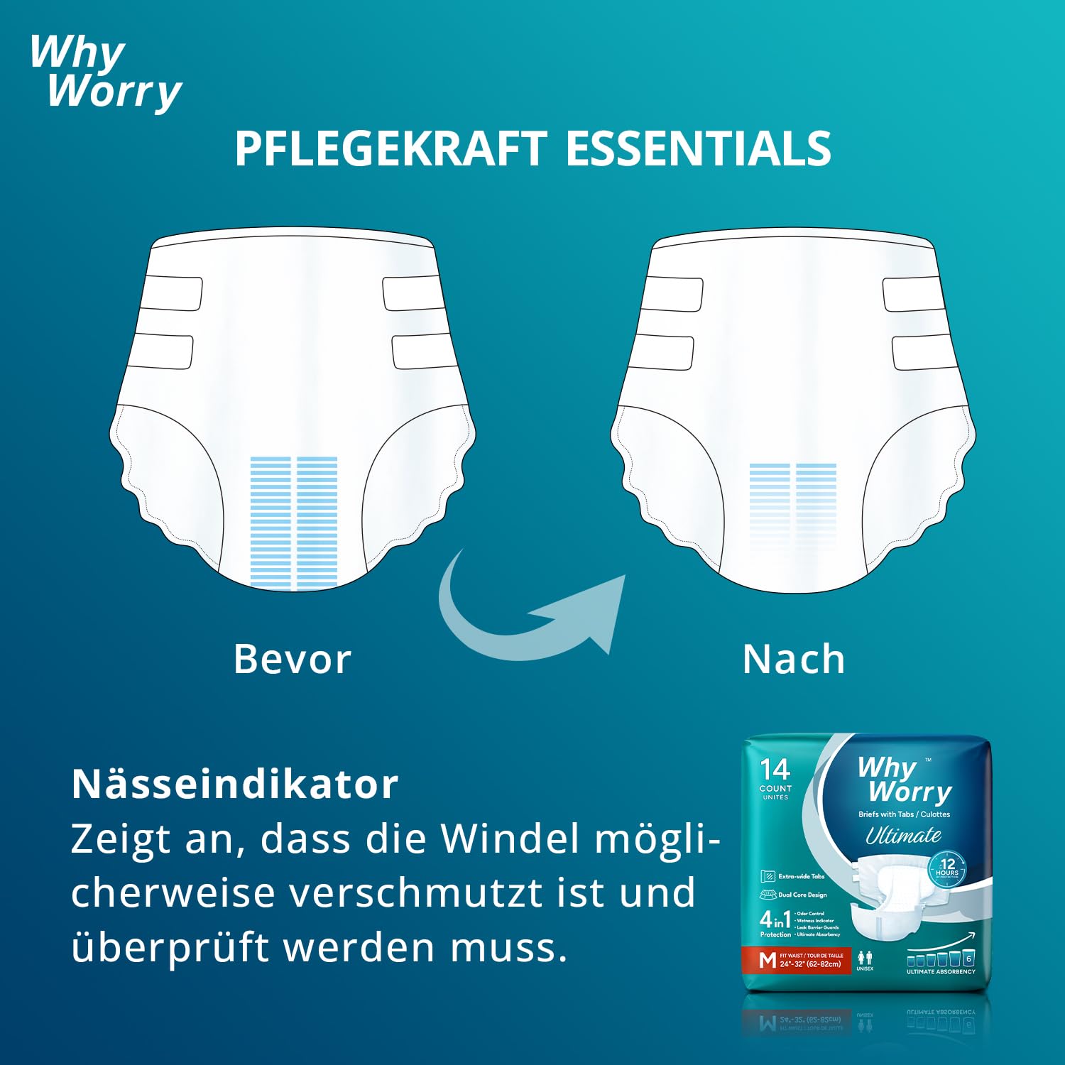 WhyWorry Ultimate Windeln für Erwachsene, Inkontinenz Slip für Frauen und Männer, Erwachsenen Windel mit ultimativ Saugfähigkeit, Auslaufschutz über Nacht, Unisex, Größe L, 14 Stück