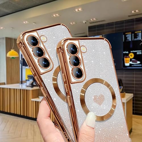Miniatura 4 de Funda magnética para Samsung Galaxy S22 Plus, para mujeres y niñas, chapado de lujo suave, con purpurina degradada, lindo corazón, compatible con