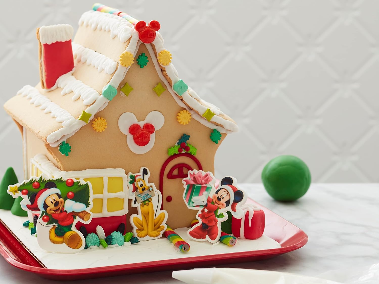 Gingerbread House Kit, Build It Yourself Themed Gingerbread Mick House: Includes House Panels, Ton of Candy, Icing, Fondant, Decorating Bag & Tip, Bundled With Fun Holiday Stickers (Character Themed)