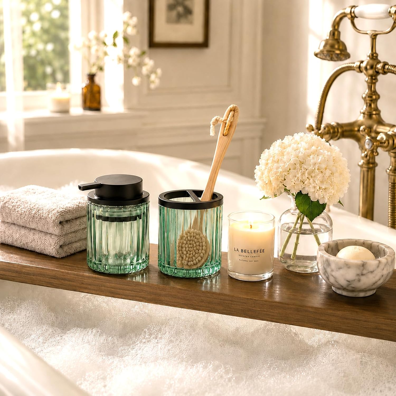 Amolliar Bathroom Accessories Set 2PCS, Glass Lotion Soap Dispenser & Toothbrush Holder, Countertop Organizer for Kitchen, Shower, Vanity, Rustic Farmhouse Bathroom Decor, Bathroom Essentials, Green