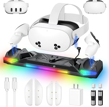 Kinwin 30W Fast Charging Dock for Meta Quest 3S/3/2, Magnetic Charger Station Stand for Oculus Quest 3S/3 Accessories with 11-Color RGB Light, 2 Rechargeable Batteries & Covers for Headset Black