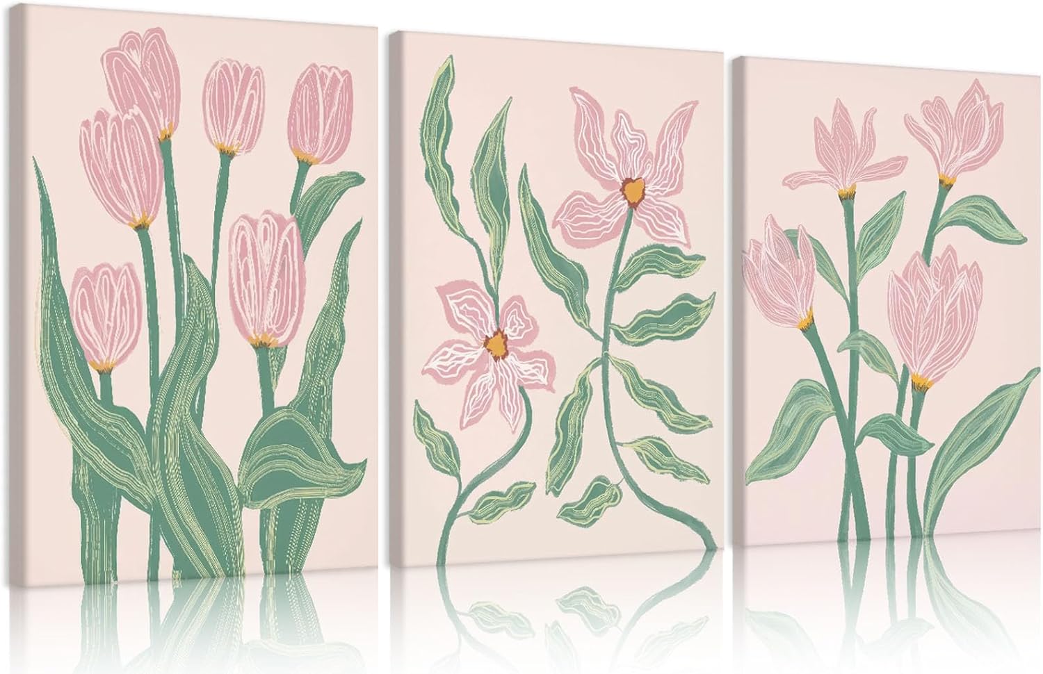 Framed Pink Tulip Florals Canvas Wall Art Set Of 3,Boho Pink and Green Wall Decor Pictures Abstract Botanical Flower Market Poster Prints Artwork for Living Room and Bedroom