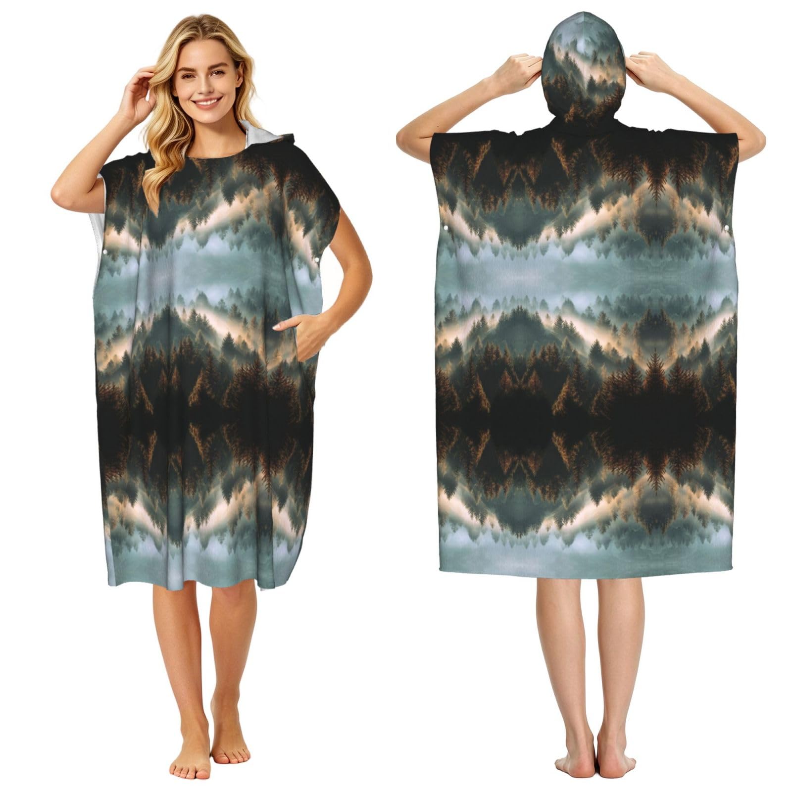 EZDLOWVBA Morning Mist Forest Print Hooded Poncho Microfiber Beach Towel,Adult Women & Men Changing Robe,Lightweight Summer Surf Swim Bath Poncho Towel