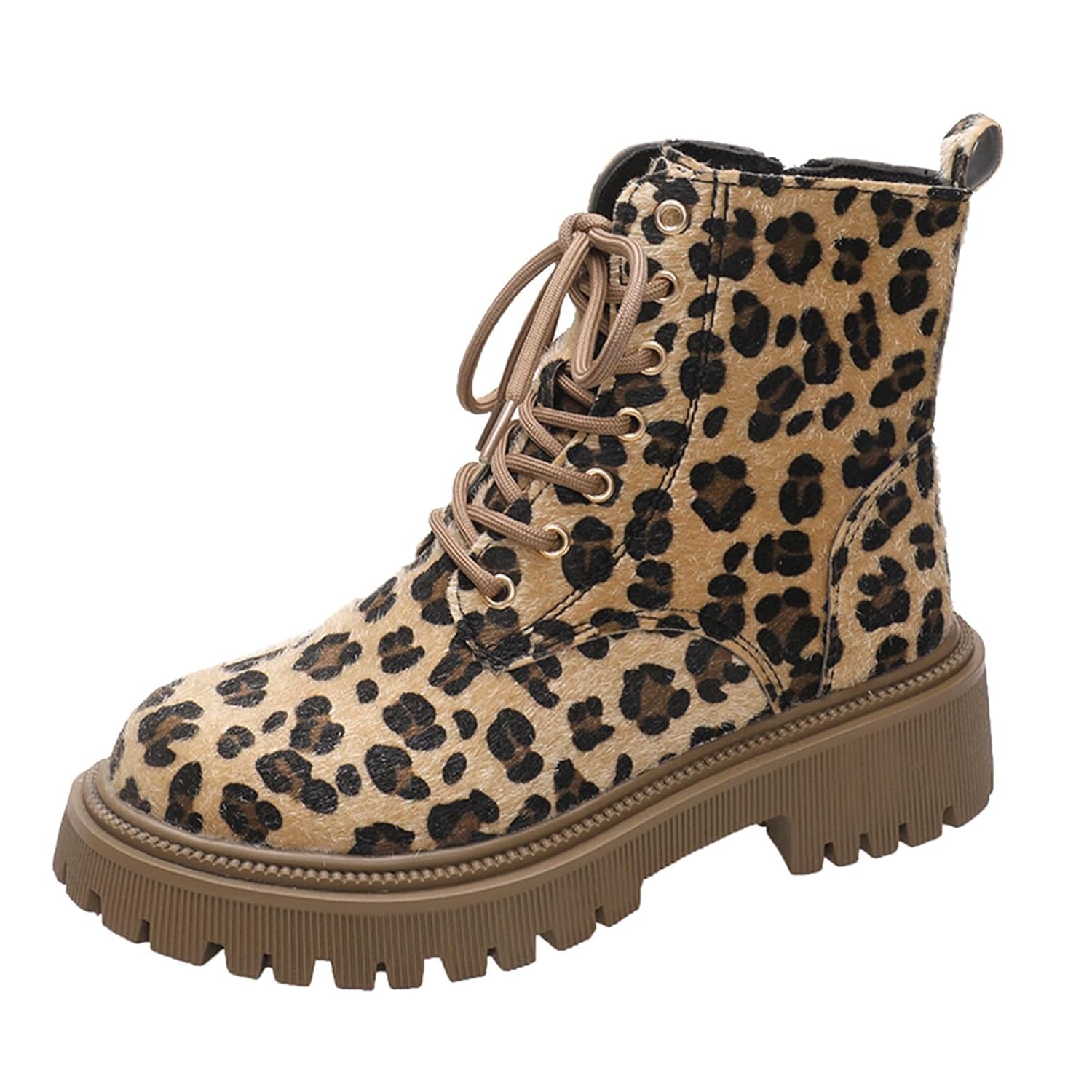 Combat Ankle Boots for Women Platforms Leopard Print Lace up Side Zipper Lug Sole Chunky Block Heels Round