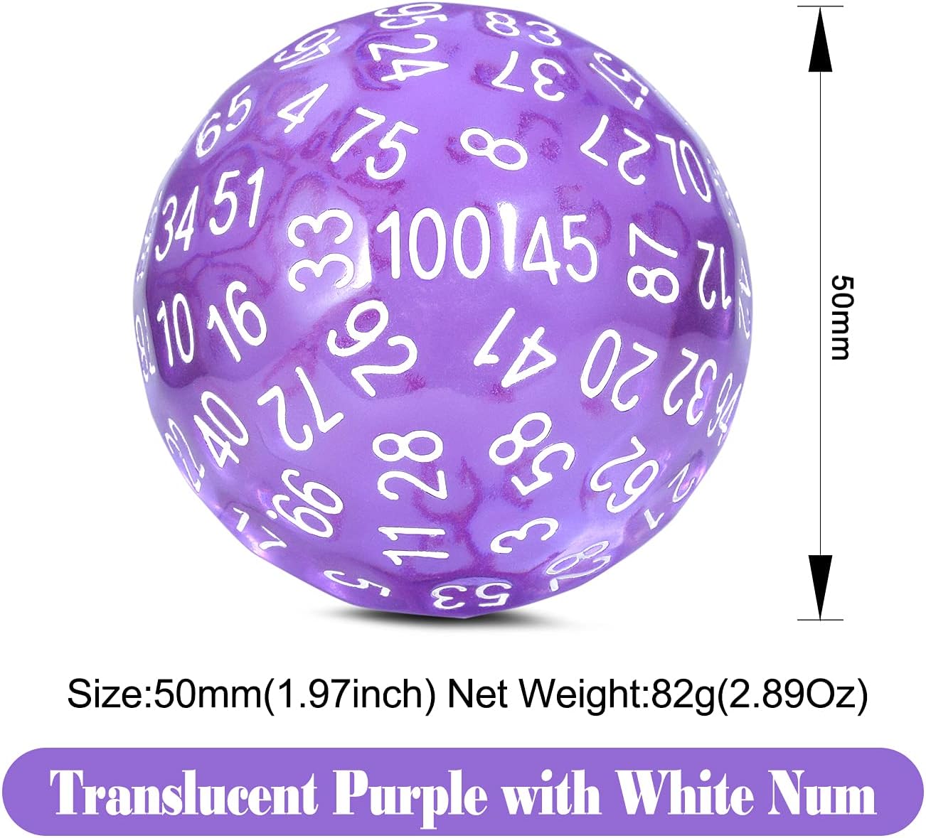 Purple D100 Dice Set DNDND 50mm 100 Sided Die with Translucent Pouch for Dungeons and Dragons DND(Translucent Purple with White Number)