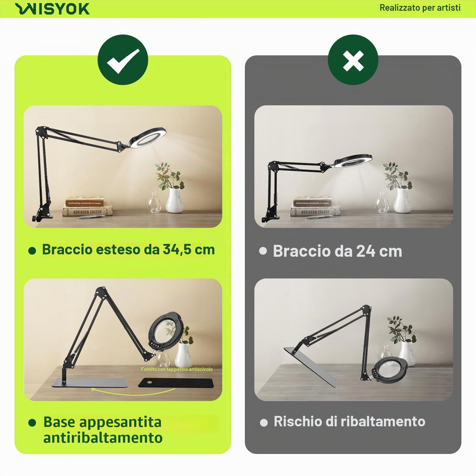 WISYOK Lente Ingrandimento con Luce, 10x LED, Base e Braccio Orientabile