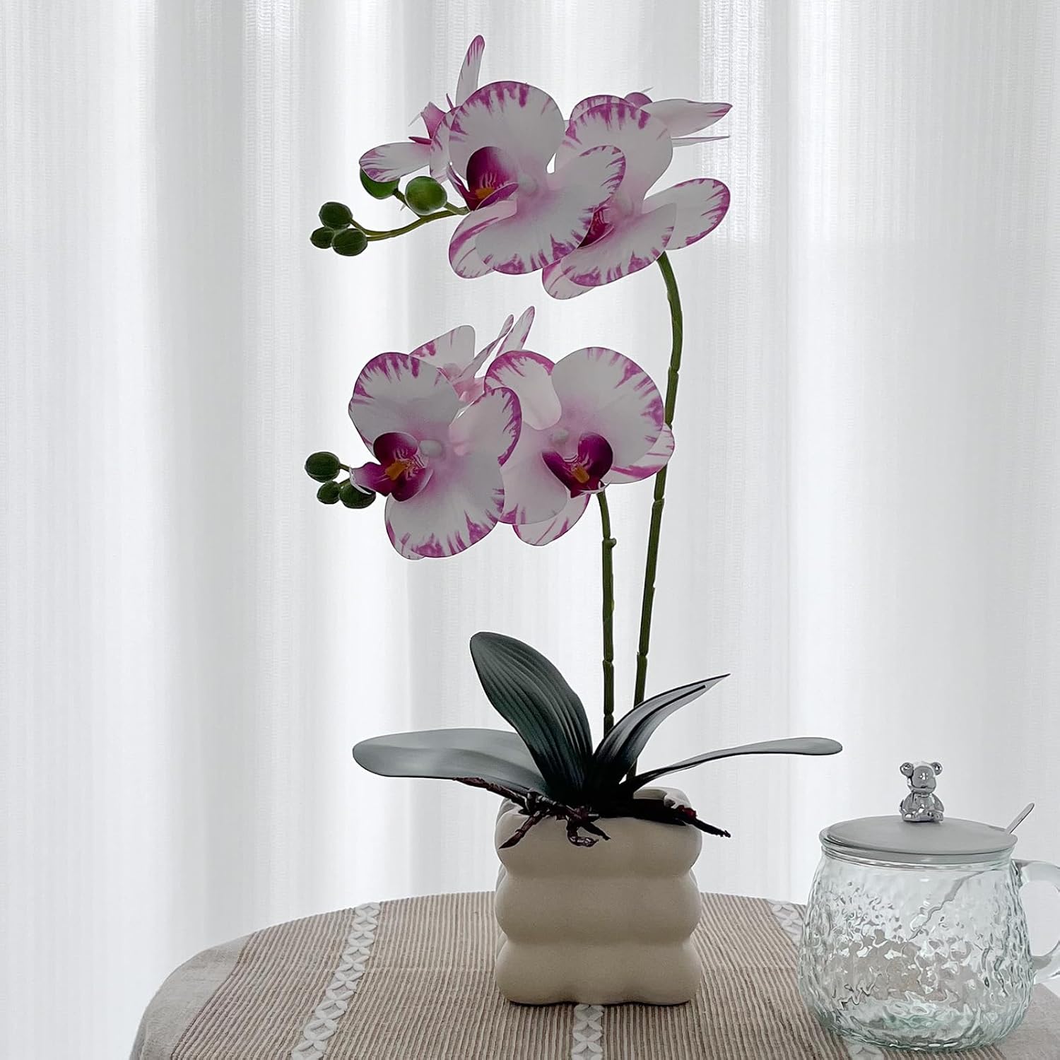 Artificial Orchids in Vase, White Purple Edged, 14 in Height, Home Decor Orchid Artificial Flowers