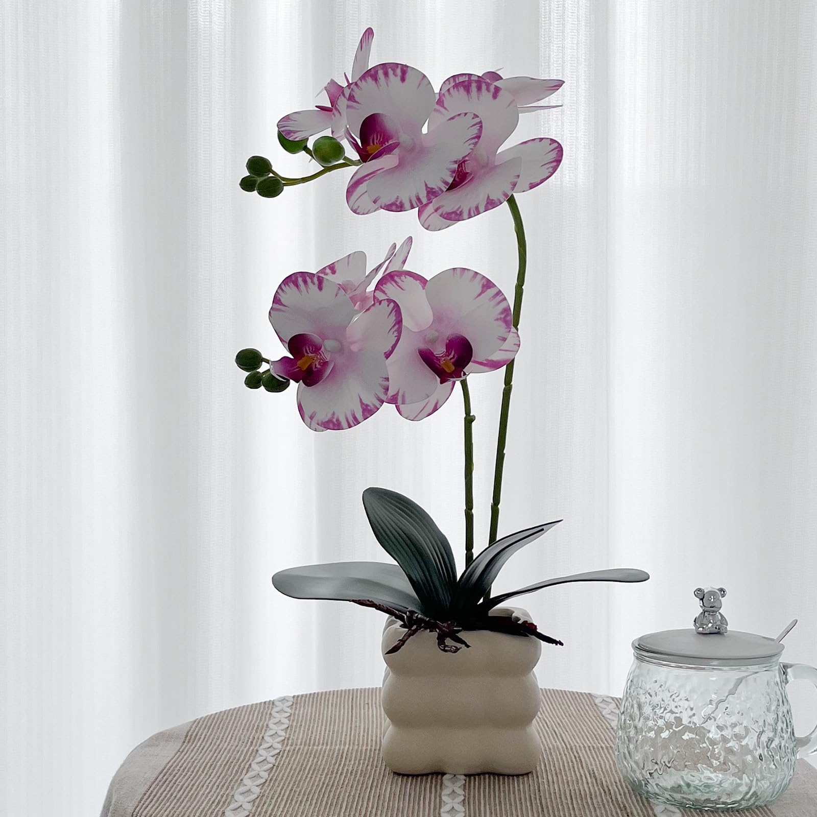 LZTDRZH Artificial Orchids in Vase, White Purple Edged, 14 in Height, Home Decor Orchid Artificial Flowers