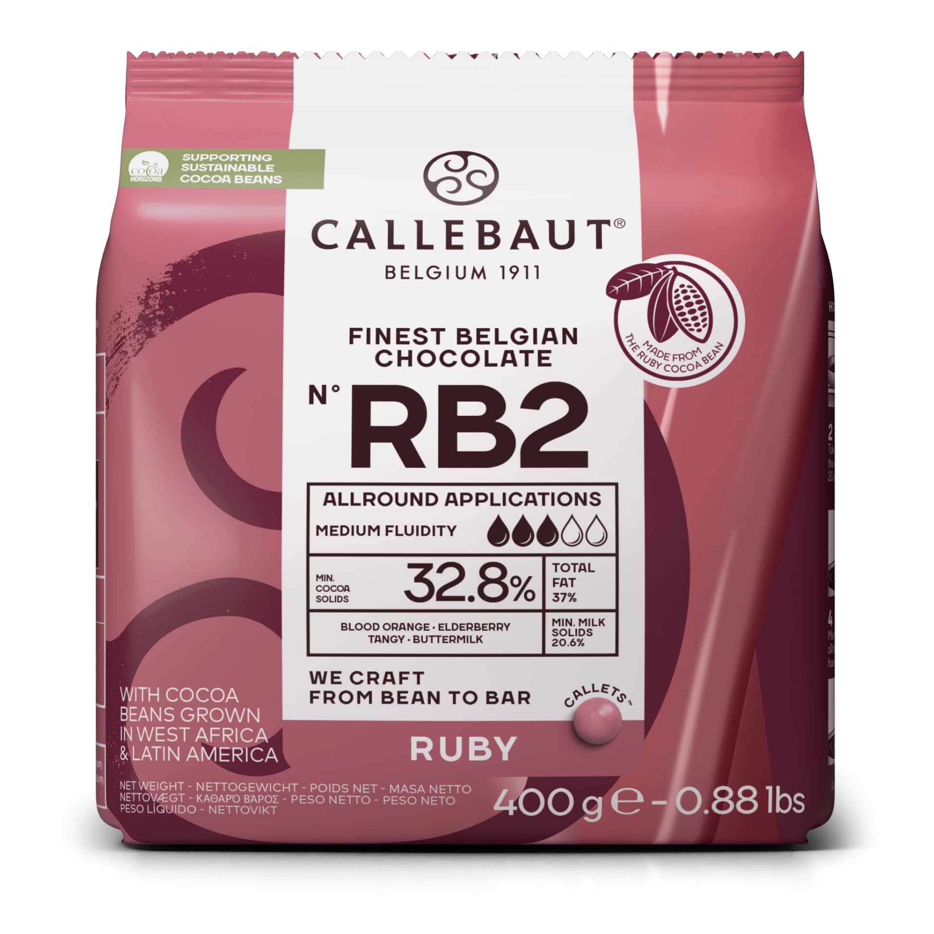 Callebaut Ruby RB2-400g (1er Pack) Kuvertüre Callets, Ruby Schokolade 32.8% Kakao, Finest Belgian Chocolate