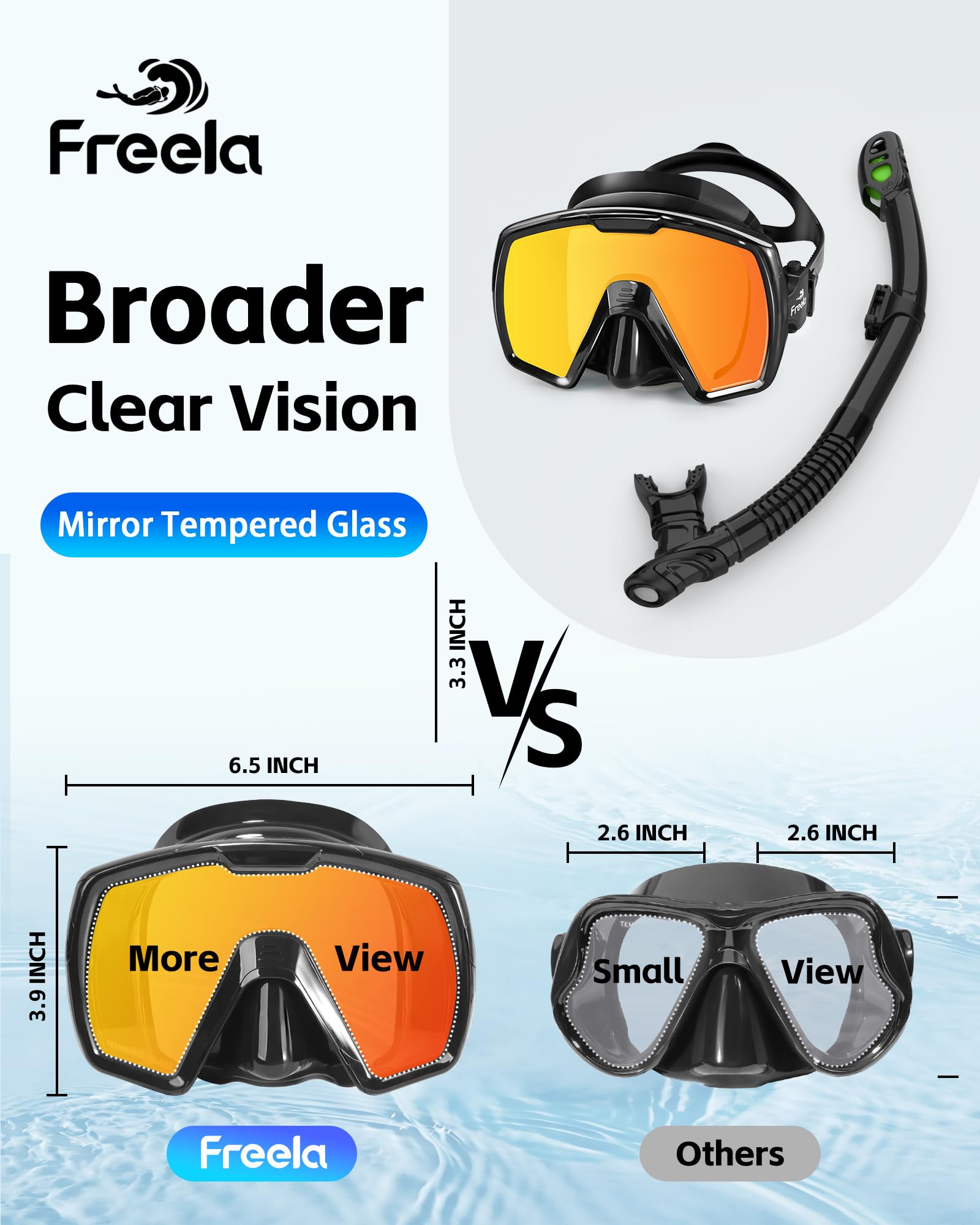 Freela Juego de esnórquel seco para adultos, máscara de buceo con cubierta de nariz para hombres, mujeres y jóvenes, vidrio templado de seguridad de visión amplia de 180°, antivaho, sin fugas, espejo
