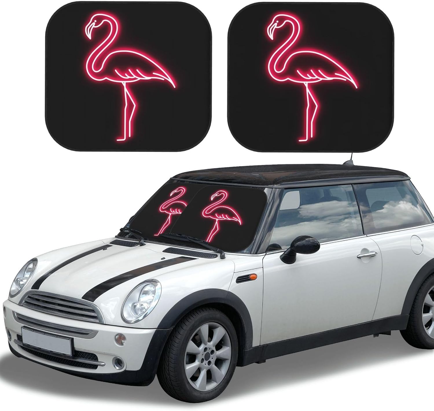 Neon Pink Flamingo 2-Piece Car Windshield Sun Shade Foldable Front Window Sunshades Blocks UV Rays and Keeps Your Vehicle Cool for Most Sedans SUV Truck, Medium