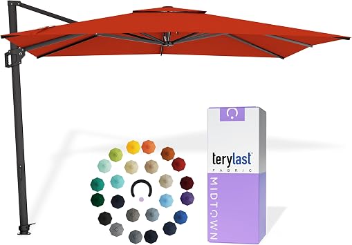 Midtown Umbrellas The Grande Square 9 x 9 FT Outdoor Cantilever Patio Umbrella w/Terylast Apple Red Polyester Fabric - 8 Rib Aluminum Frame Offset w/Tilt & 360 Rotate Pedal System - Black Frame