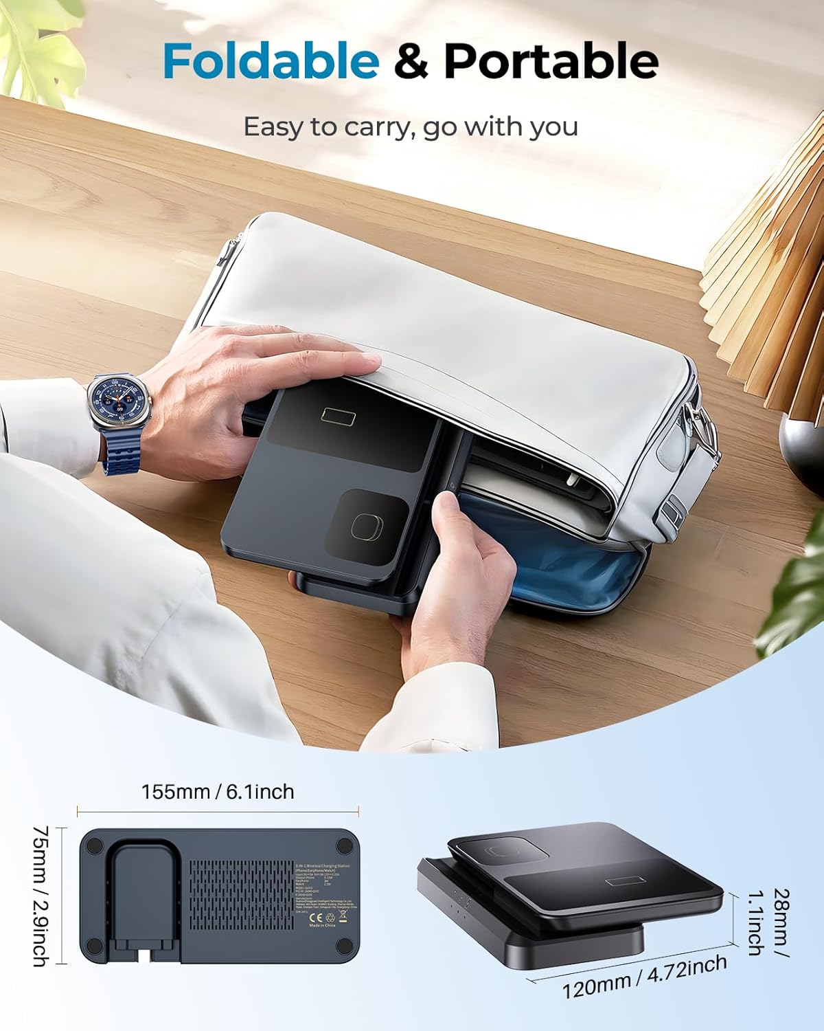 EGV Wireless Charger for Samsung – 3 in 1 Wireless Charging Station for Galaxy S25 Ultra S24 S23, Z Fold Flip 7/6, Detachable Watch Charger for Galaxy Ultra 8/7/6, Foldable, Fast Charging, No Adapter - Image 7