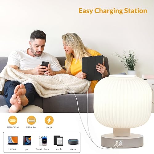 Miniatura 2 de Lámparas táctiles de noche, pequeñas lámparas de mesa regulables de 3 vías con puertos de carga USB C+A, mesita de noche para dormitorio y sala de