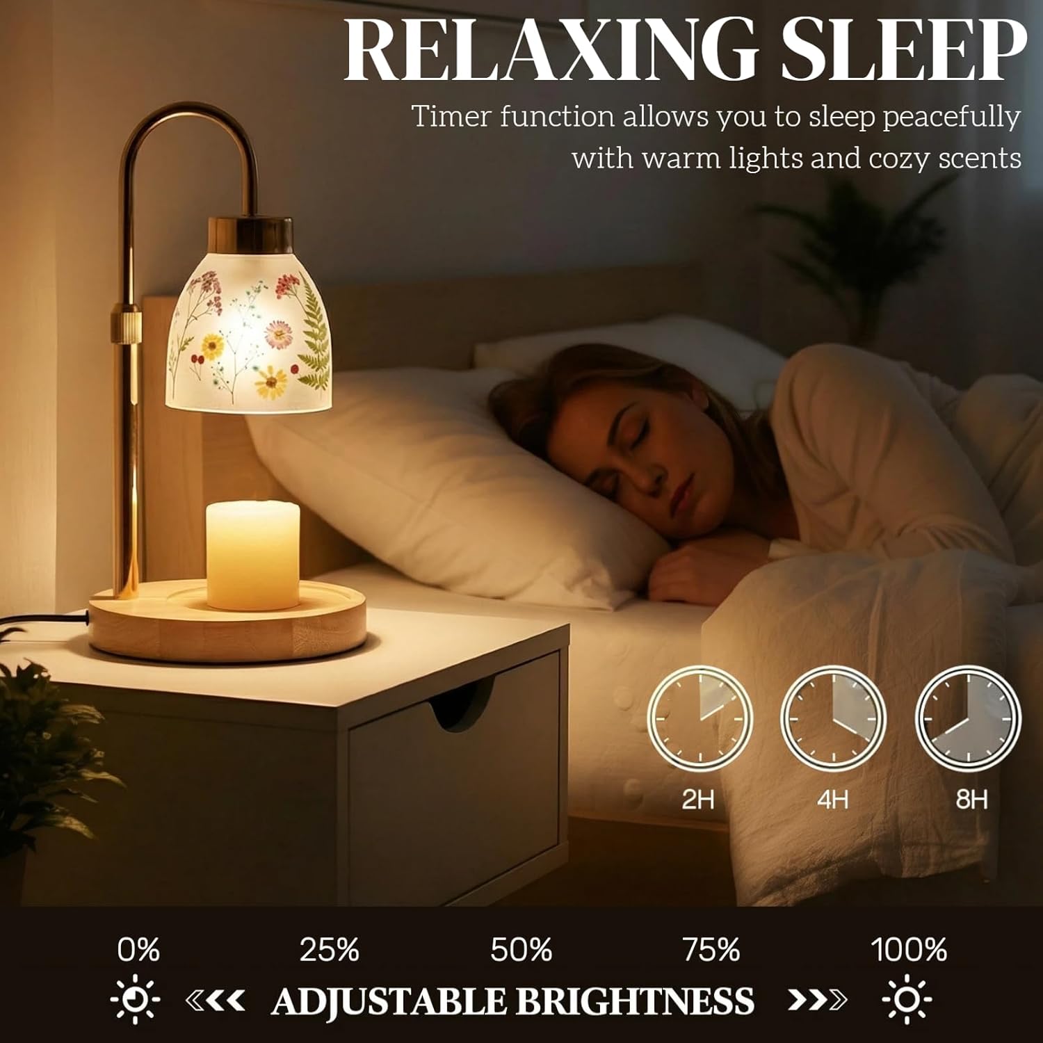 Baquler Pressed Flower Candle Warmer Lamp with Timer Dimmable Adjustable Height Vintage Boho Flower Candle Wax Lamp Housewarming Gifts for Women Mom Birthday Home Bedroom Decor(Transparent Style)