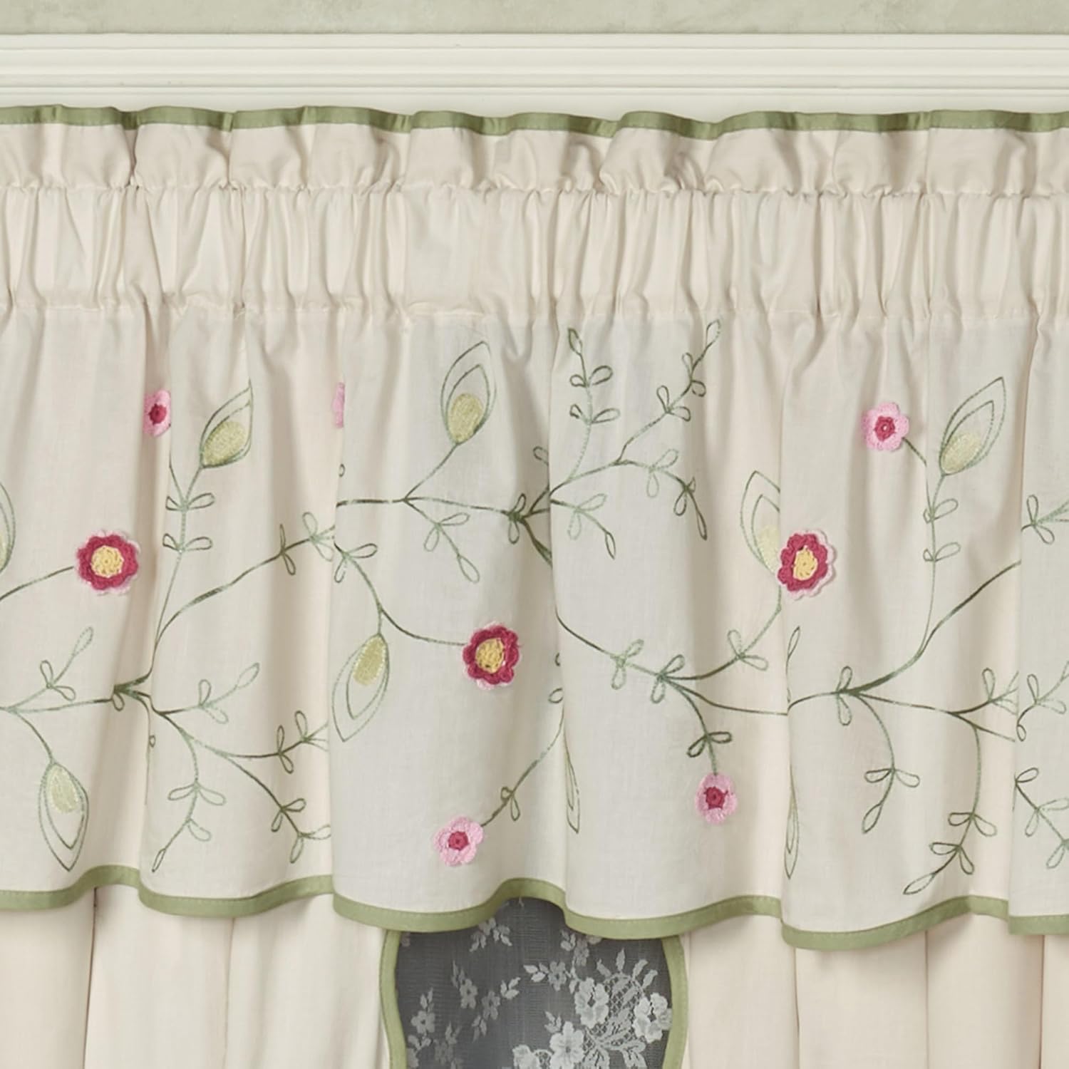 Posy Cottage Garden Lined Cotton Window Treatments | Chain Stitch Embroidery & Crochet Floral and Leaf Vine Fiber Art Designs | Rod Pocket Scallop-Edged Drapery Set with Valance & 84L Curtain Pair