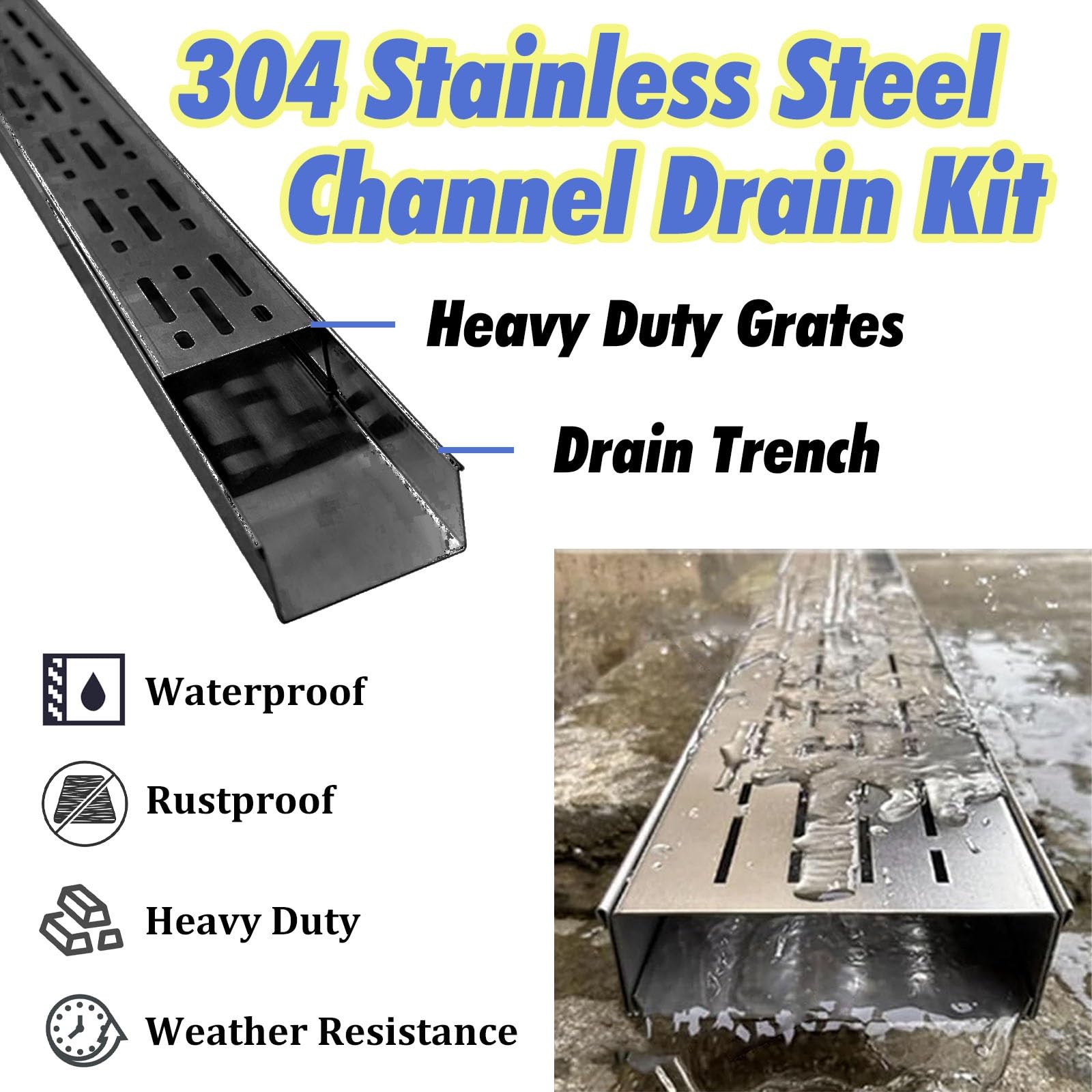 Generico Canale di drenaggio Largo 2" per Bordo Piscina - Trincea di drenaggio Stretta per Cortile, vialetto e Patio - Drenaggio in Cemento Resistente con Griglie di Scarico (1 pz, LxA 2" x 1,25")