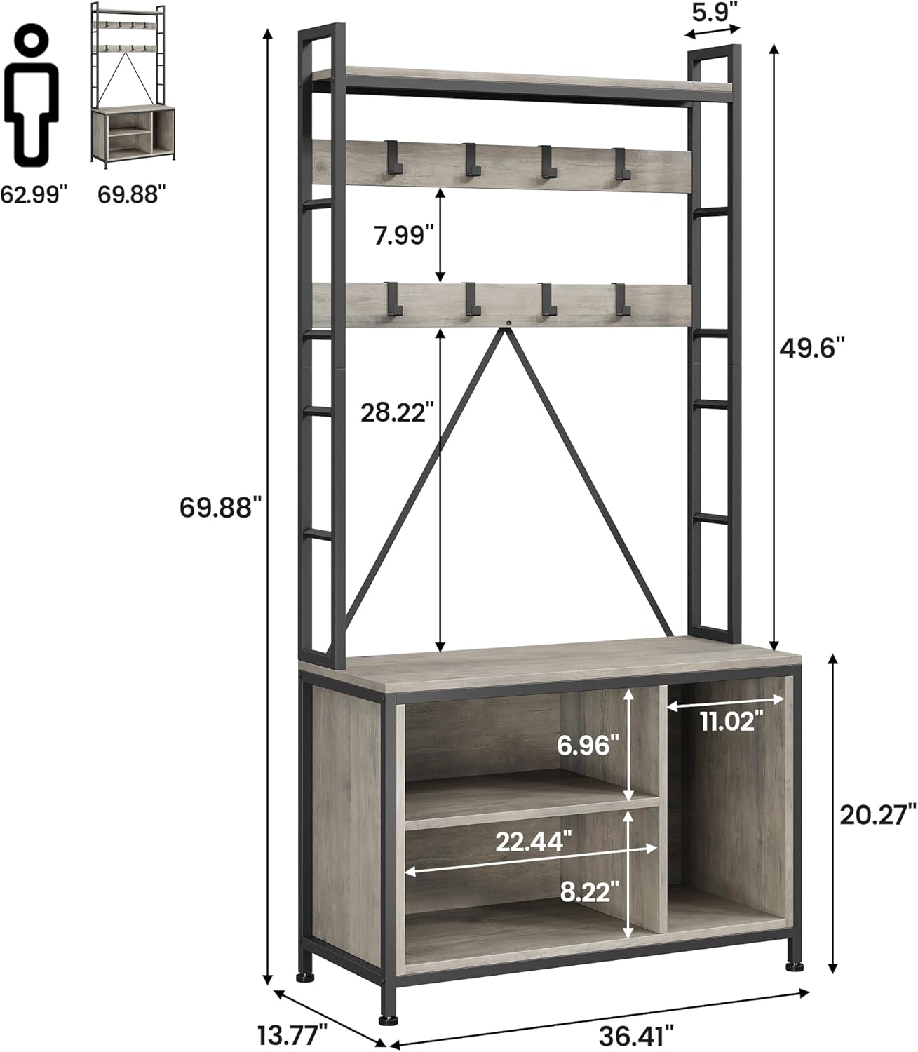 Hall Tree with Bench and Coat Rack, 36.41" Entryway Shoe Bench with 17 Hooks, Drawers and Top Shelf, 5-In-1 Freestanding Storage Organizer for Entryway, Mudroom, Grey