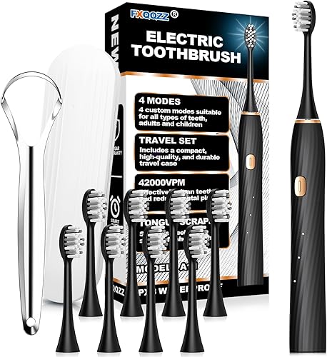 FXQQZZ Cepillo de dientes eléctrico para adultos y niños, con raspador de lengua y estuche de viaje, 8 cabezales de cepillo, temporizador
