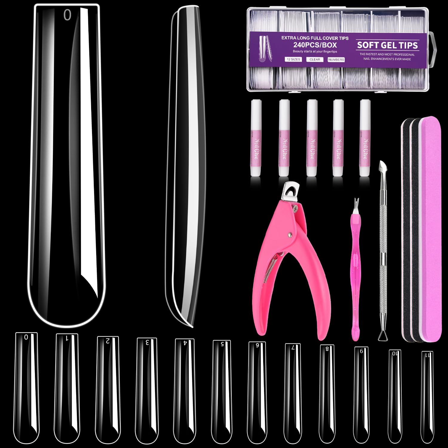 MORGLES Extra Long Tapered Square Nail Tips, 240 Pcs 3XL Full Cover Fake Tips Clear Nail Kit with Glue, Clipper, Files and Cuticle Fork for Acrylic