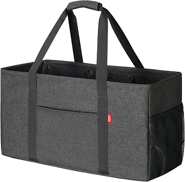 LHZK Standing Extra Large Utility Tote Bag with Metal Wire Frame and the Sides Rinforced, Extra Large Tote Bag with Handle, Reusable Grocery Bags Foldable, Beach Bag, Car Tote Grey