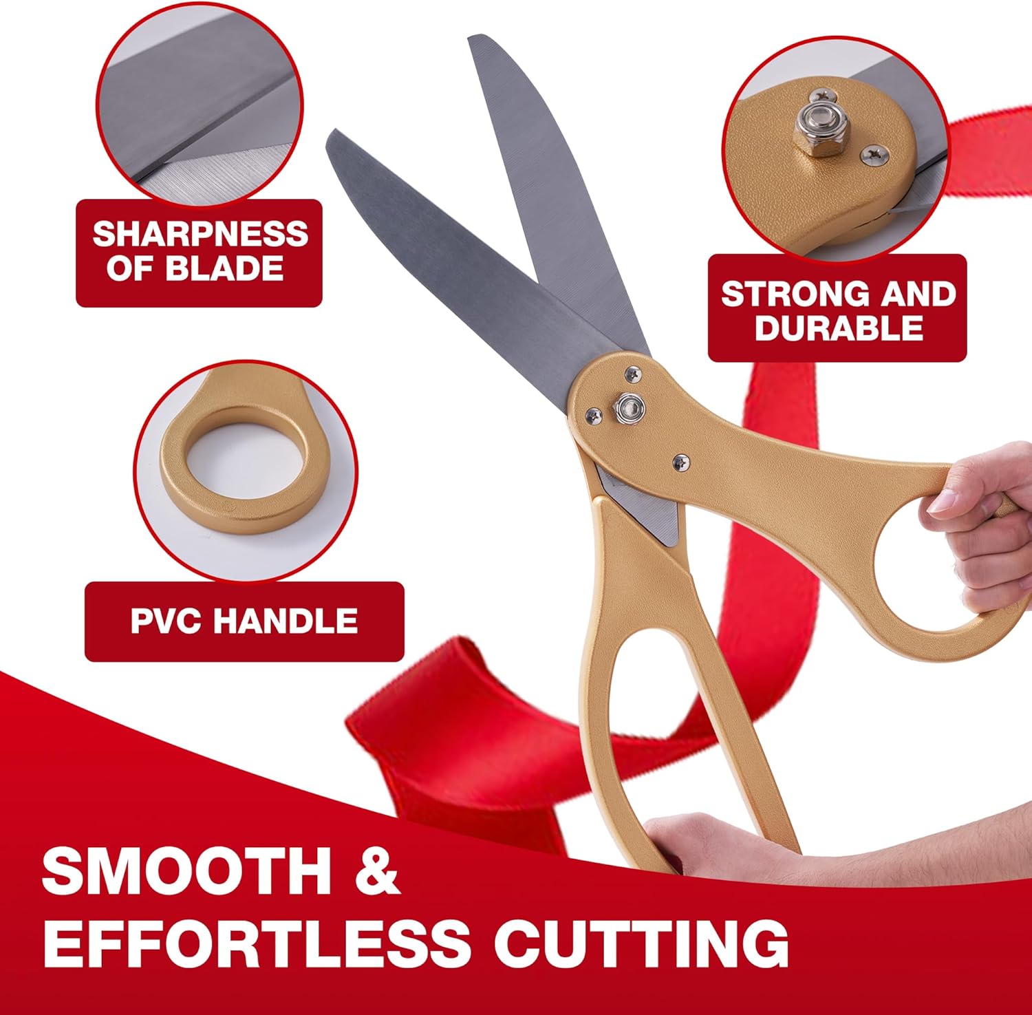 COMSIS Ribbon Cutting Ceremony Kit 20" Giant Scissors Set Sharp, Gold Handled, Elegant, Durable XL Scissors And 30 Feet Long 4" Wide Red Grand Opening Ribbon