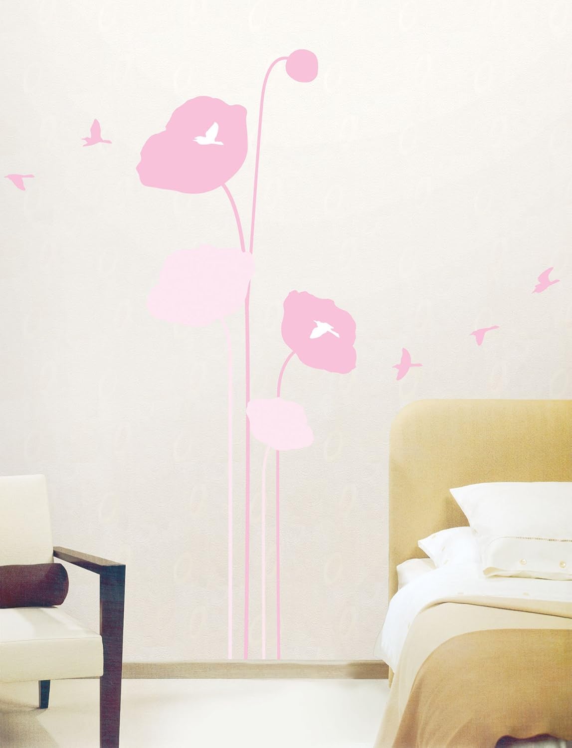 Wall Sticker Pink Tulips, Flowers and BirdsSelf Adhesive Wall Sticker for Girls, Nursery and Living Room - H70 x L50 cm
