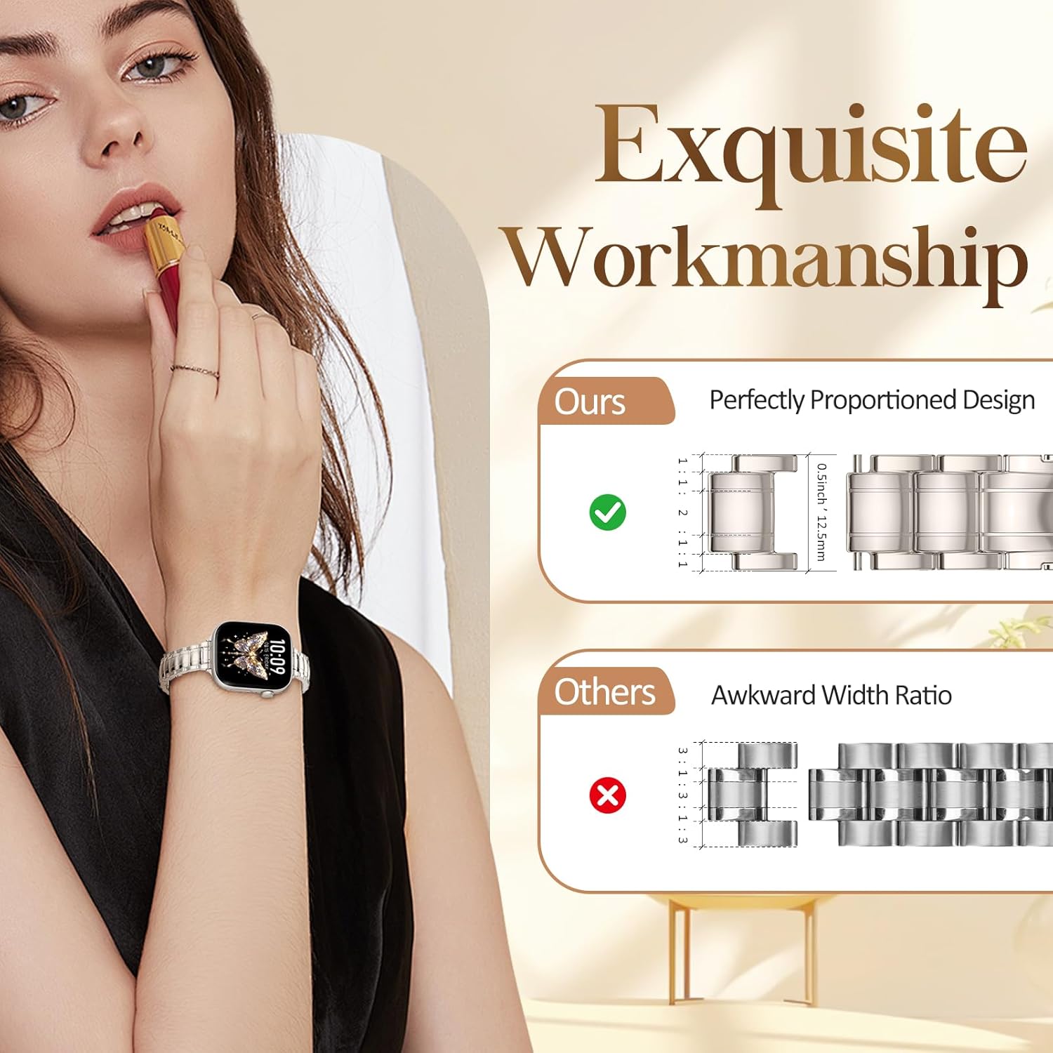 SOLOLUP Slim Metal Band Compatible With Apple Watch Bands for Women SE 3/2/1 40mm 41mm 38mm 42mm,Thin Dressy Stainless Steel Chains Strap for iWatch Band Series 11 10 9 8 7 6 5 4 3,Starlight - Image 4