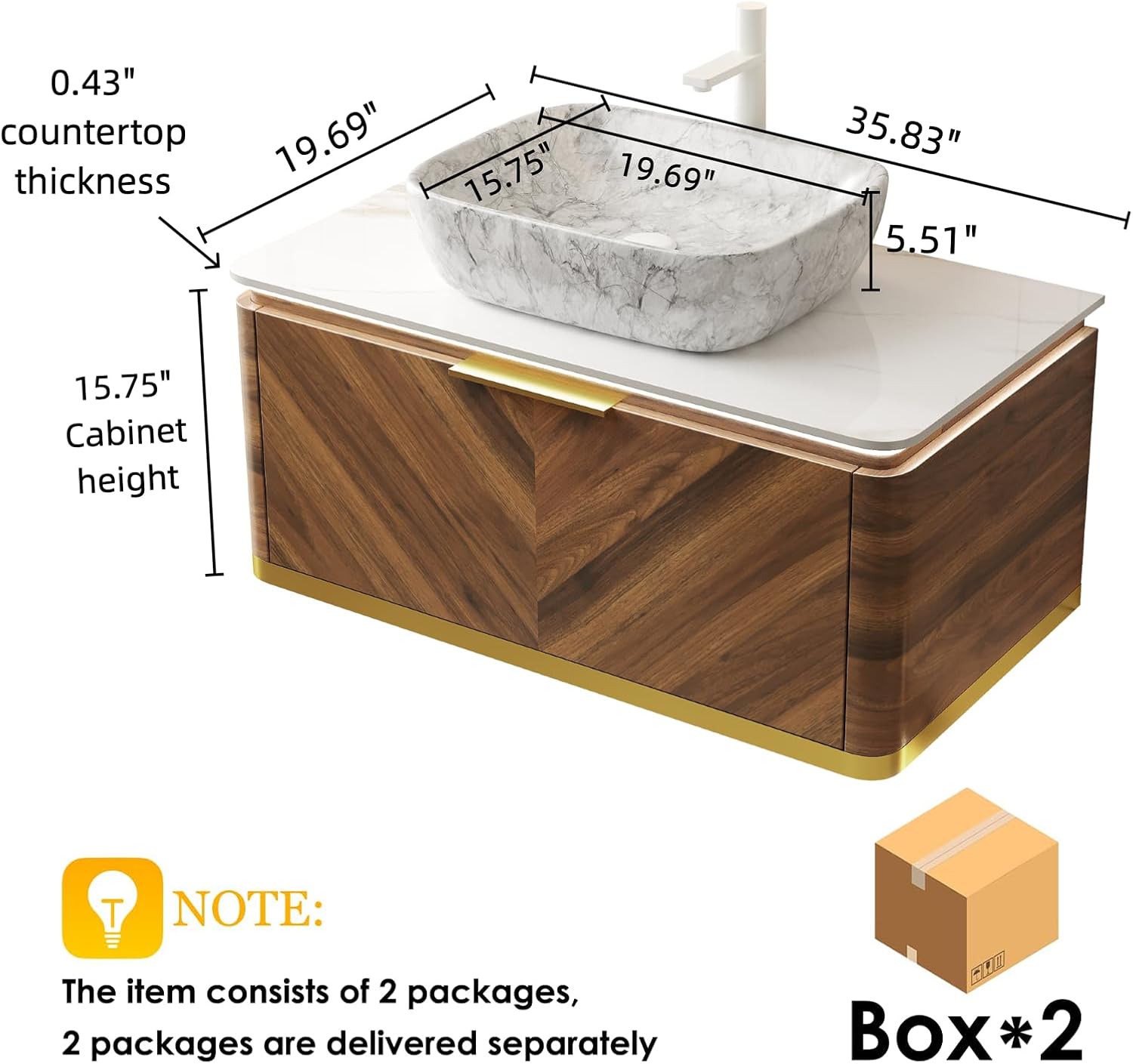 Ambrovina 36" Floating Bathroom Vanity with Sink, Plywood Storage Cabinet with Drawer and Sensor Light, Square Stone Pattern Ceramic Basin and Sintered Stone Top, Pre-Assembled Cabinet, Dark Walnut