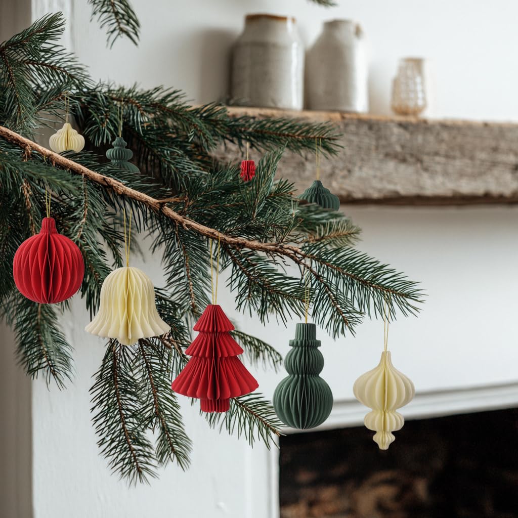 Lot de 21 décorations de fête de Noël en papier nid d'abeille, décorations à suspendre pour sapin de Noël, cloches, boules, lanternes, plafond, mur, décoration d'intérieur