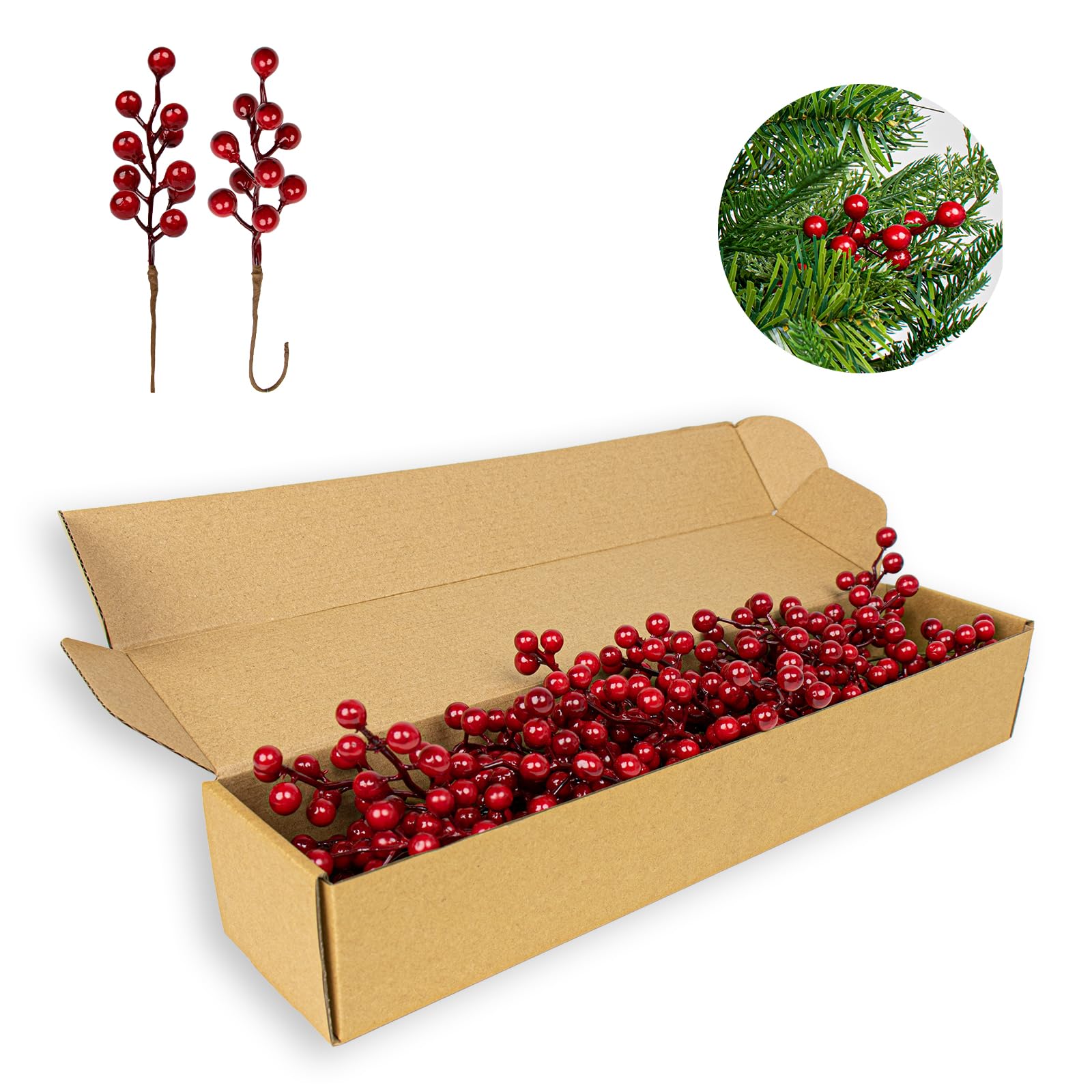 J'FLORU Paquete de 50 decoraciones para árbol de Navidad de 6.5 pulgadas, tallos de bayas artificiales, púas de bayas rojas para Navidad, invierno, adornos de árbol de Navidad, centros de mesa,