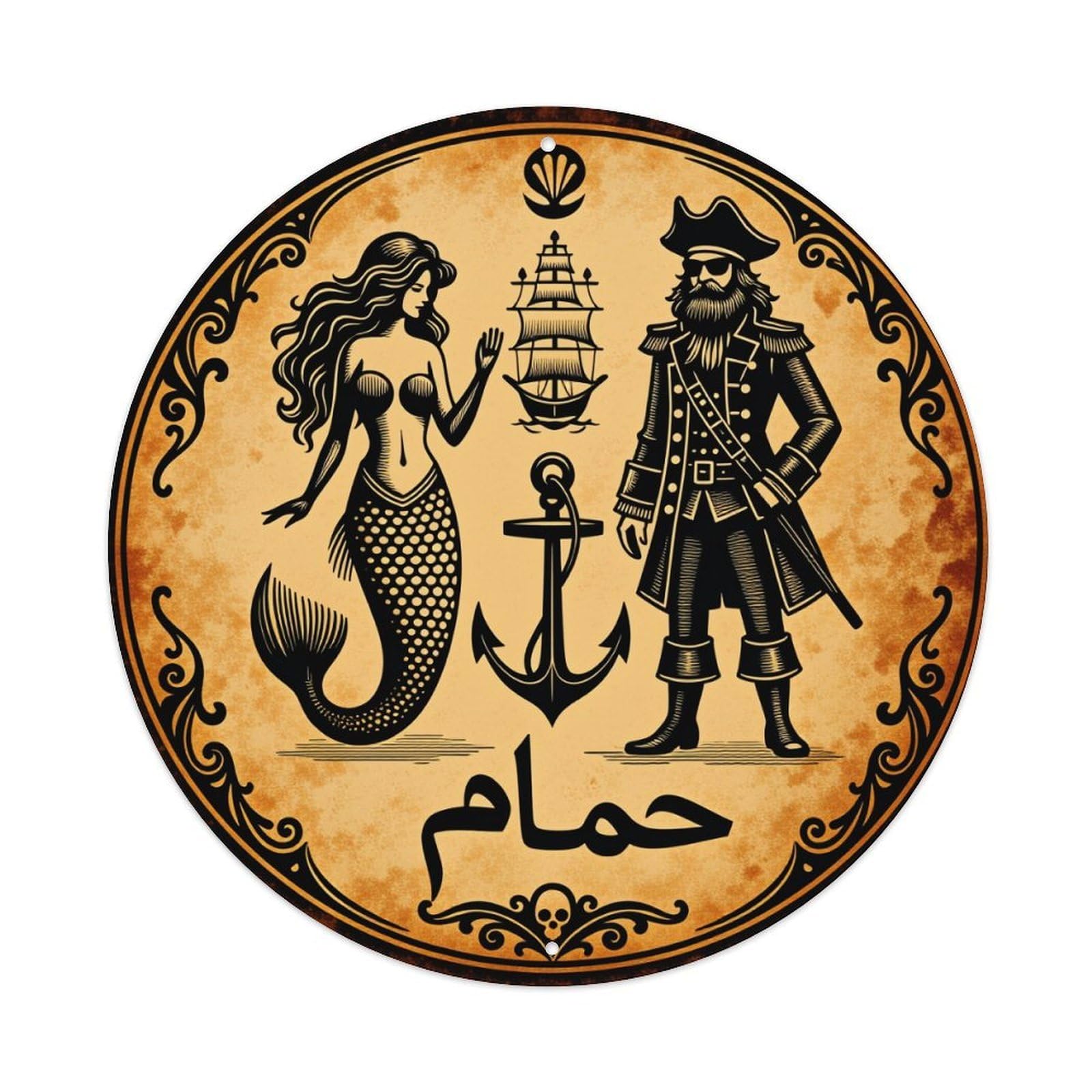 Mermaid Pirate Ship Anchor Skull Round Tin Sign Vintage Metal Poster Retro Bar, Home, Man Cave, Kitchen, Laundry Room Wall Art Decor Gift 8x8In