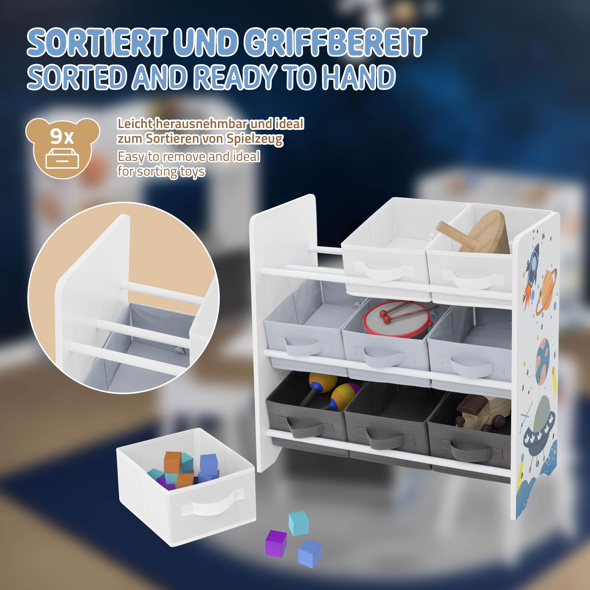 Joyz Libreria per Bambini 62,5 x 29,5 x 60 cm Scaffale con 3 Ripiani Organizzatore per Giocatoli con 9 Scatole in Tessuto Mobiletto per la Stanzina dei Bambini Design con Tematica Spaziale