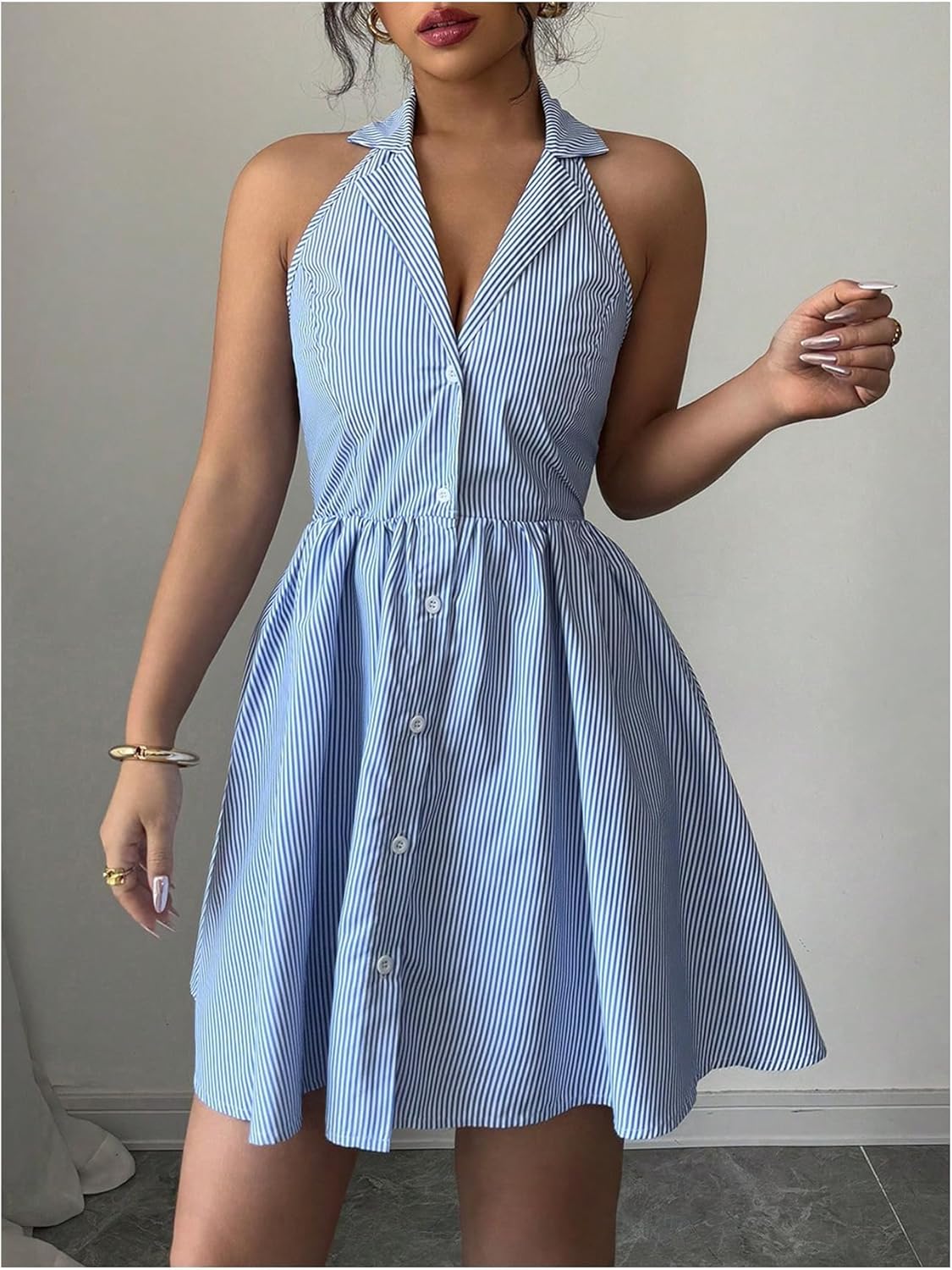 Floerns Women's Striped Halter Shirts Dress Collared Button Up Ruffle Hem Mini Dresses - Image 3